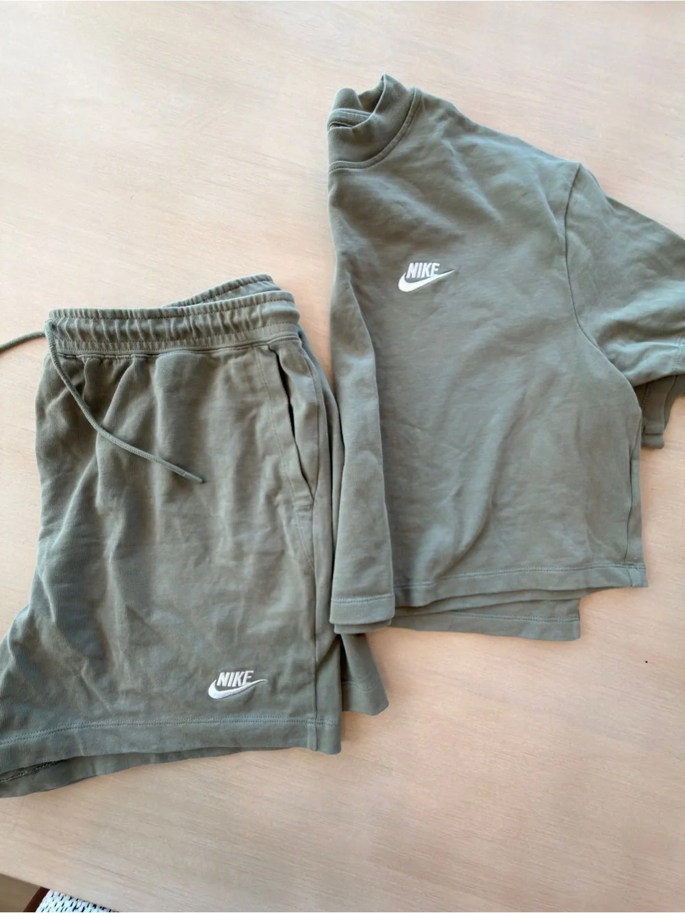 Nike Women’s Olive Green Crop Tee (Medium) & Drawstring Shorts (Large) Set